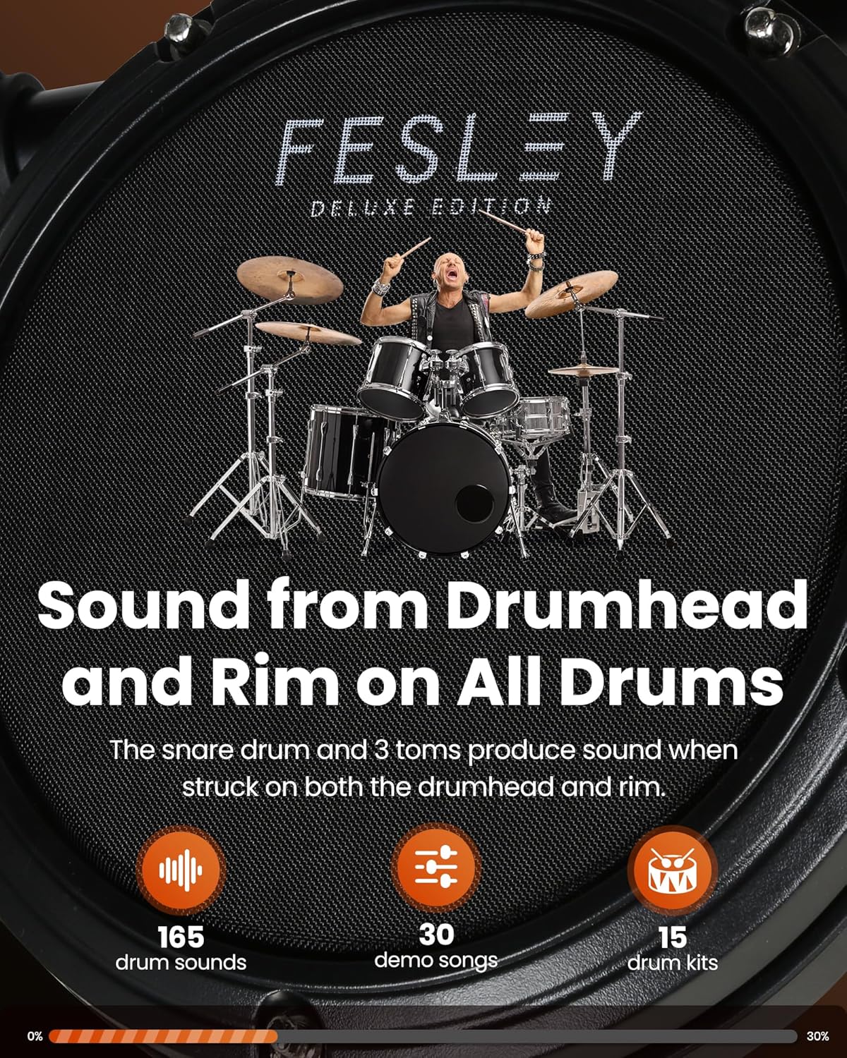 Qualidade sonora da bateria eletrônica Fesley com som de pele e aro, 165 sons, 30 músicas demo e 15 kits
