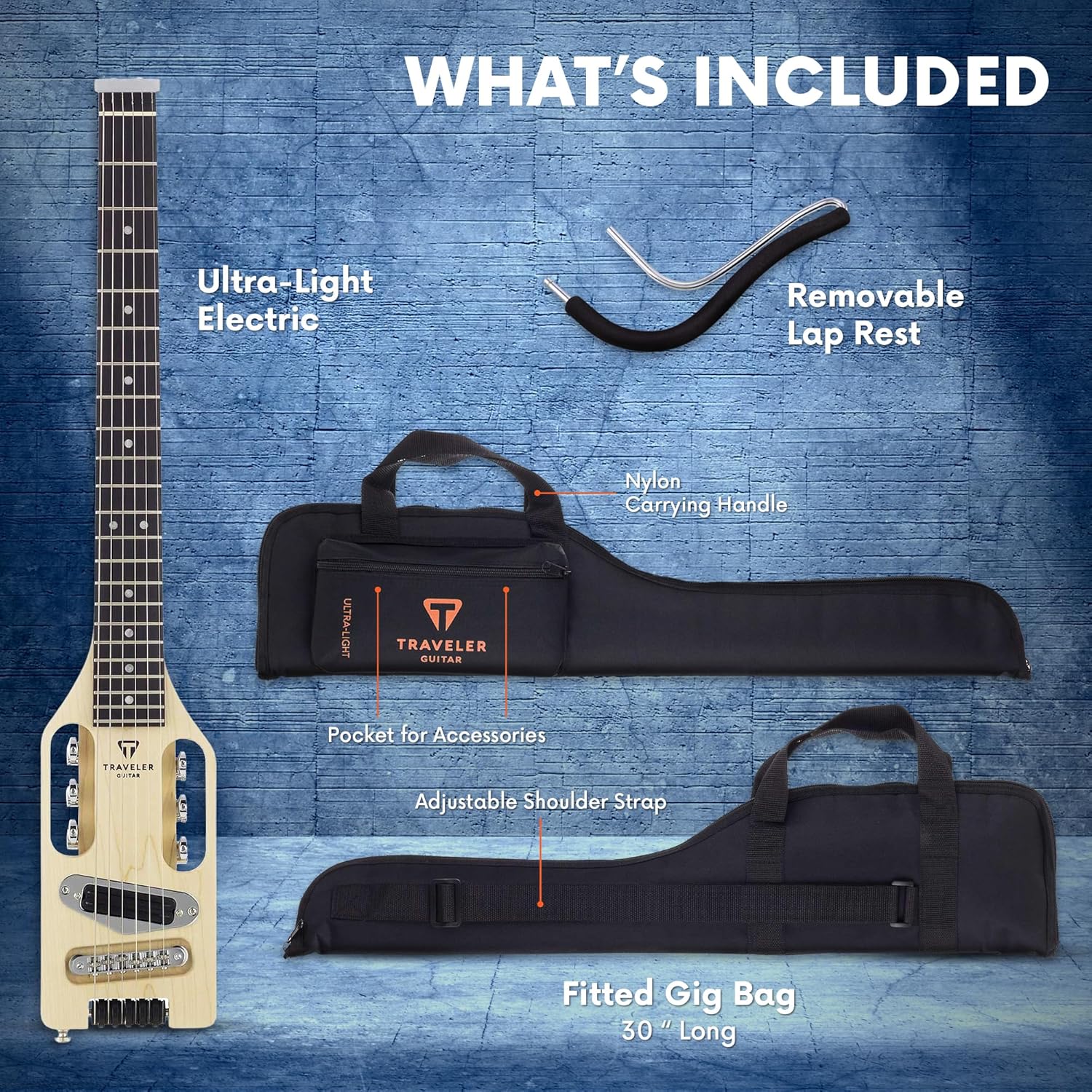 Itens incluídos com a guitarra elétrica Traveler Guitar ULE MPS: capa, apoio para colo e acessórios
