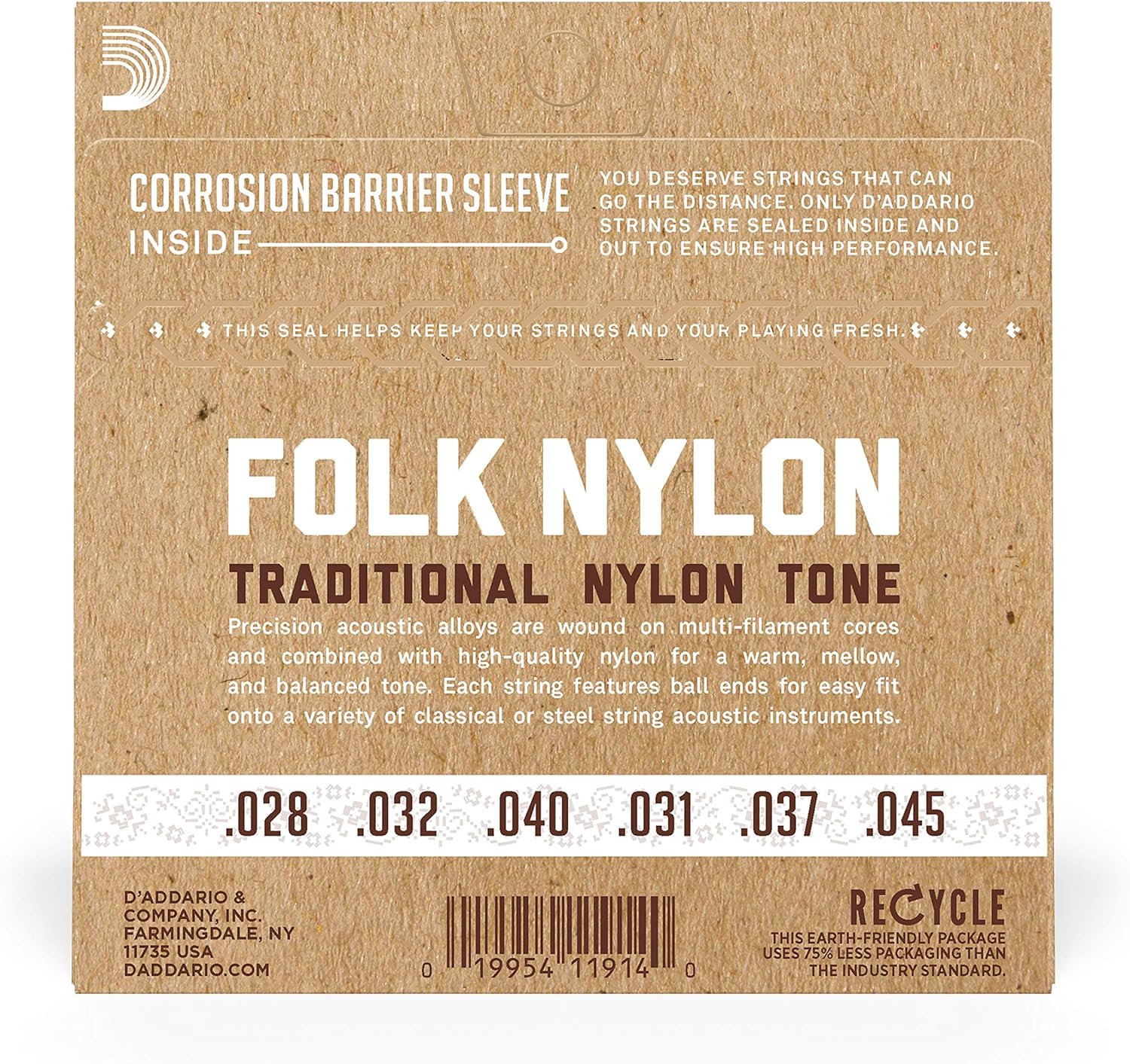 Parte traseira da embalagem das cordas D'Addario EJ32C com informações técnicas e medidas das cordas para violão folk nylon