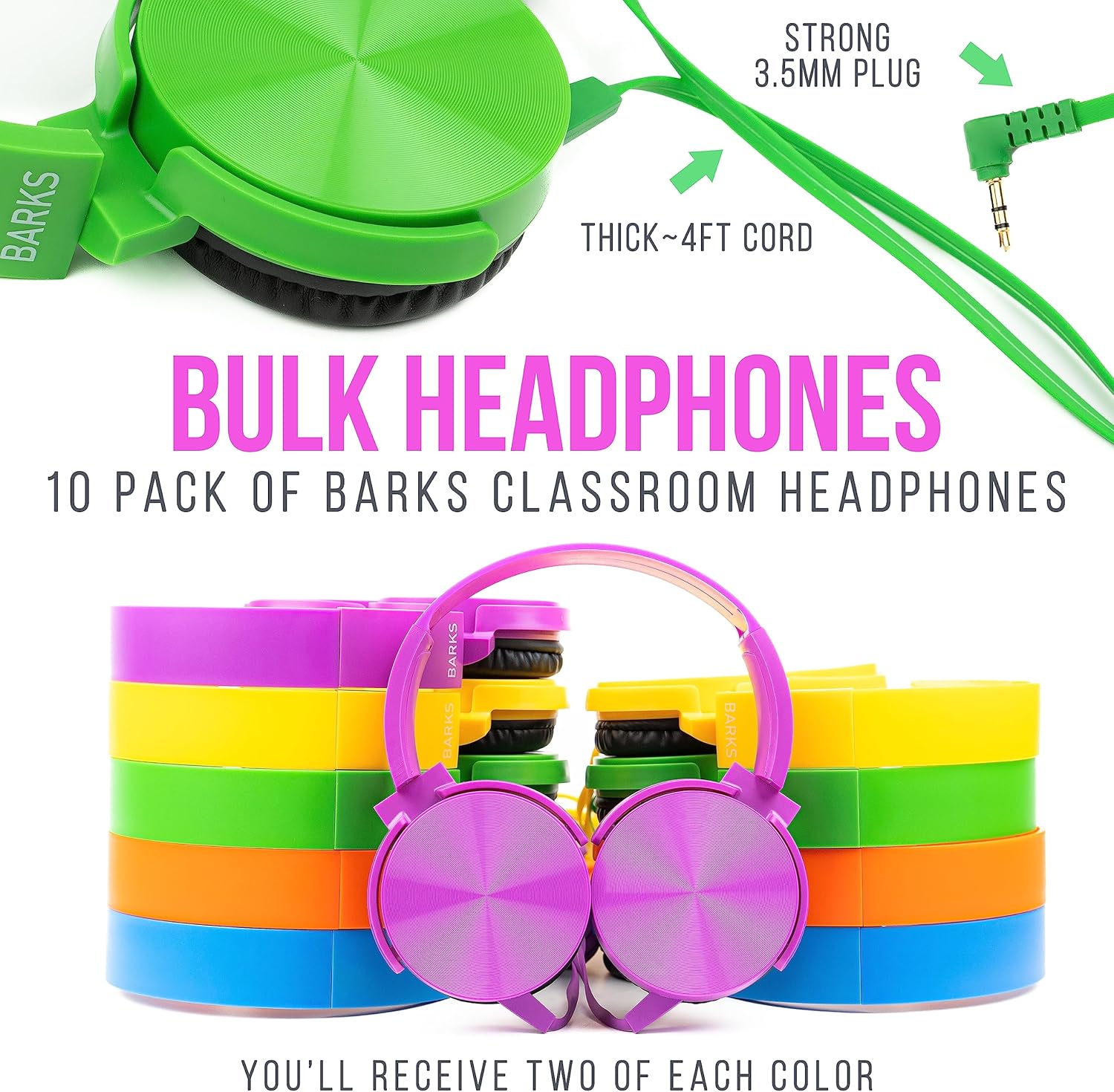 Fones Barks verdes com cabo grosso e conector 3.5mm reforçado para sala de aula