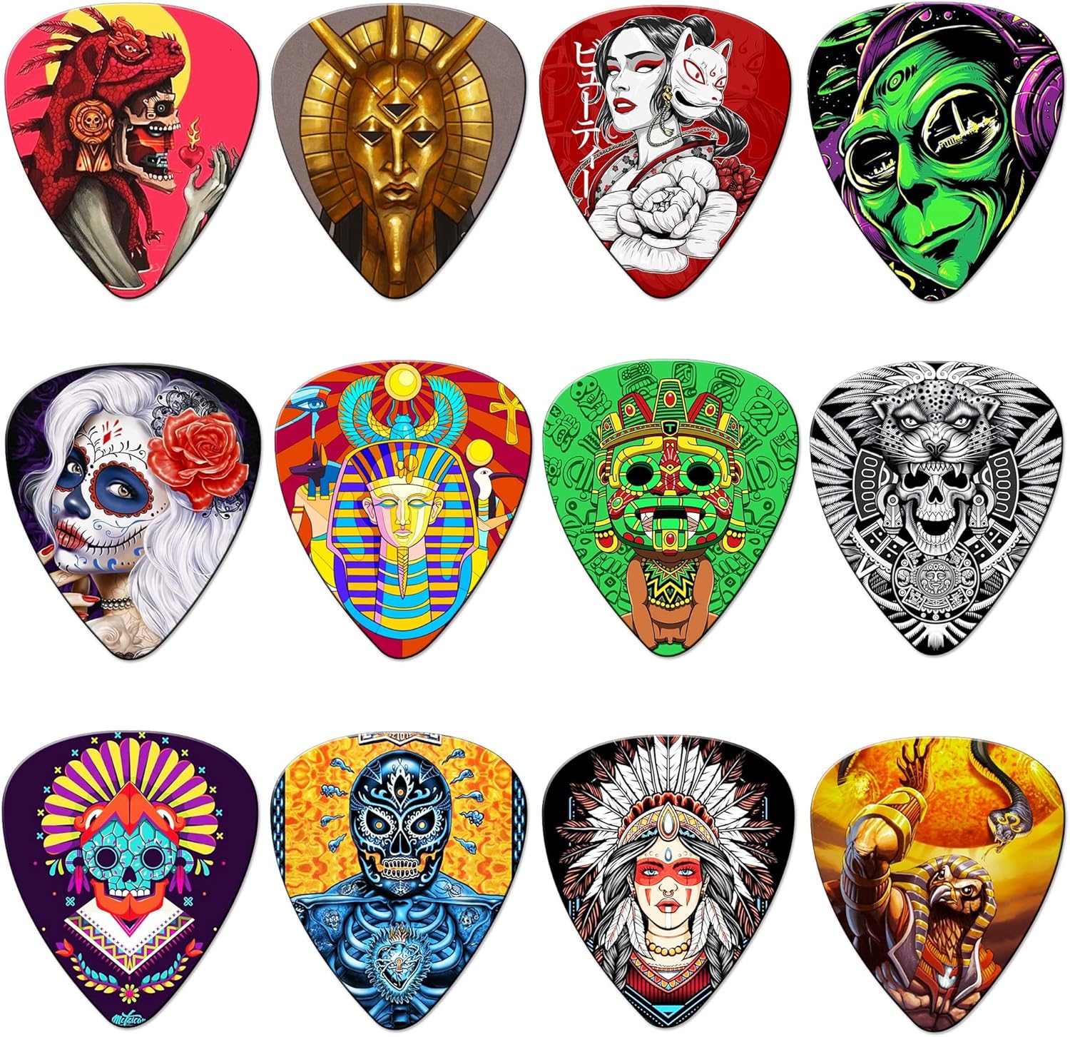 Palhetas coloridas para guitarra com diversos designs artísticos e culturais.
