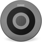 Pele de bateria acústica Evans BD20DB1 com tecnologia ShockWeave em padrão circular cinza e preto.