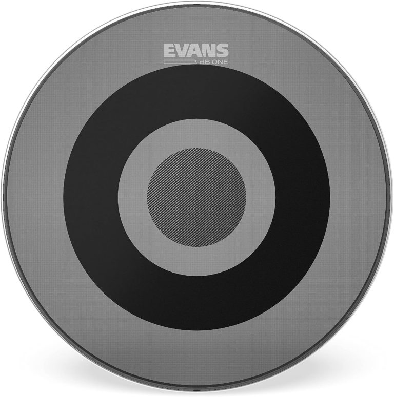 Pele de bateria acústica Evans BD20DB1 com tecnologia ShockWeave em padrão circular cinza e preto.
