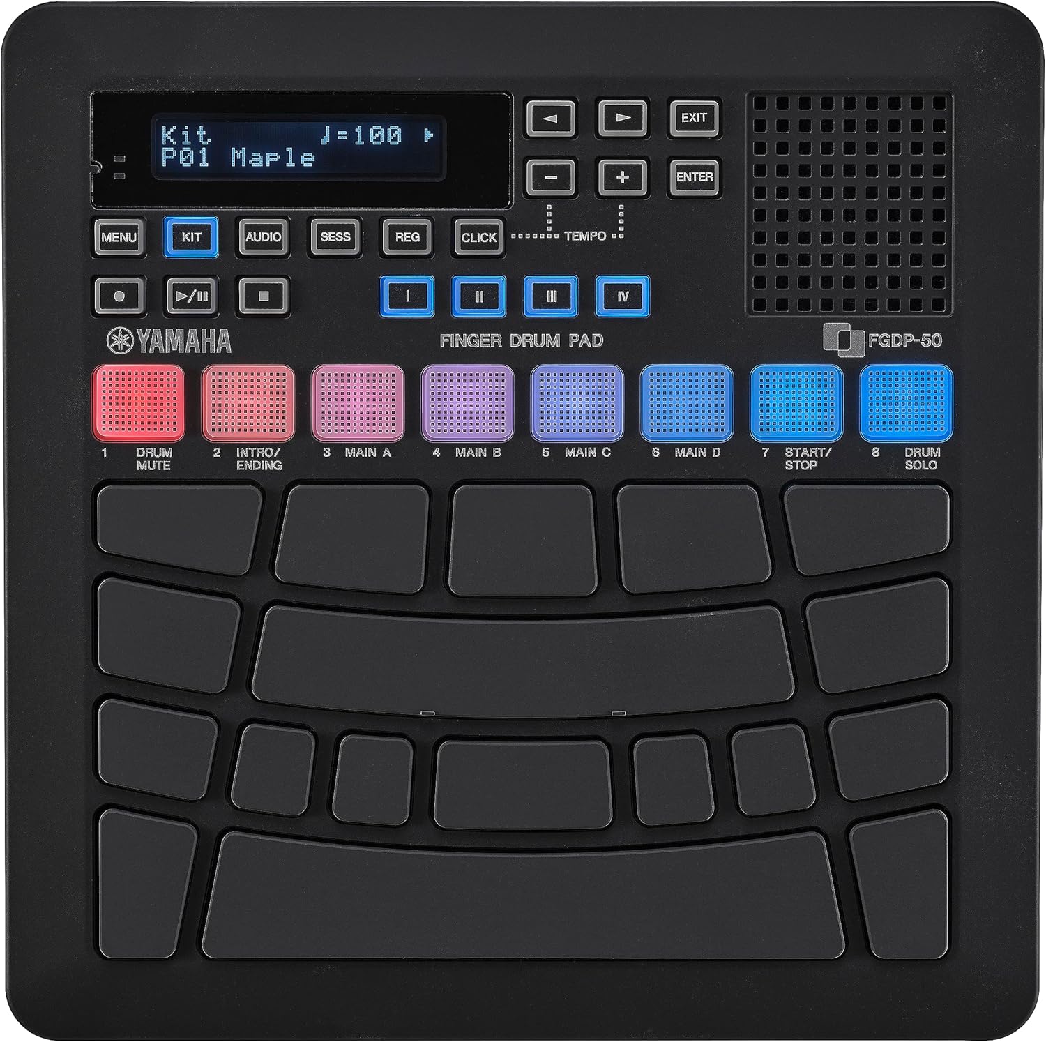 Bateria eletrônica Yamaha FGDP-50 vista superior mostrando pads RGB e tela digital azul.