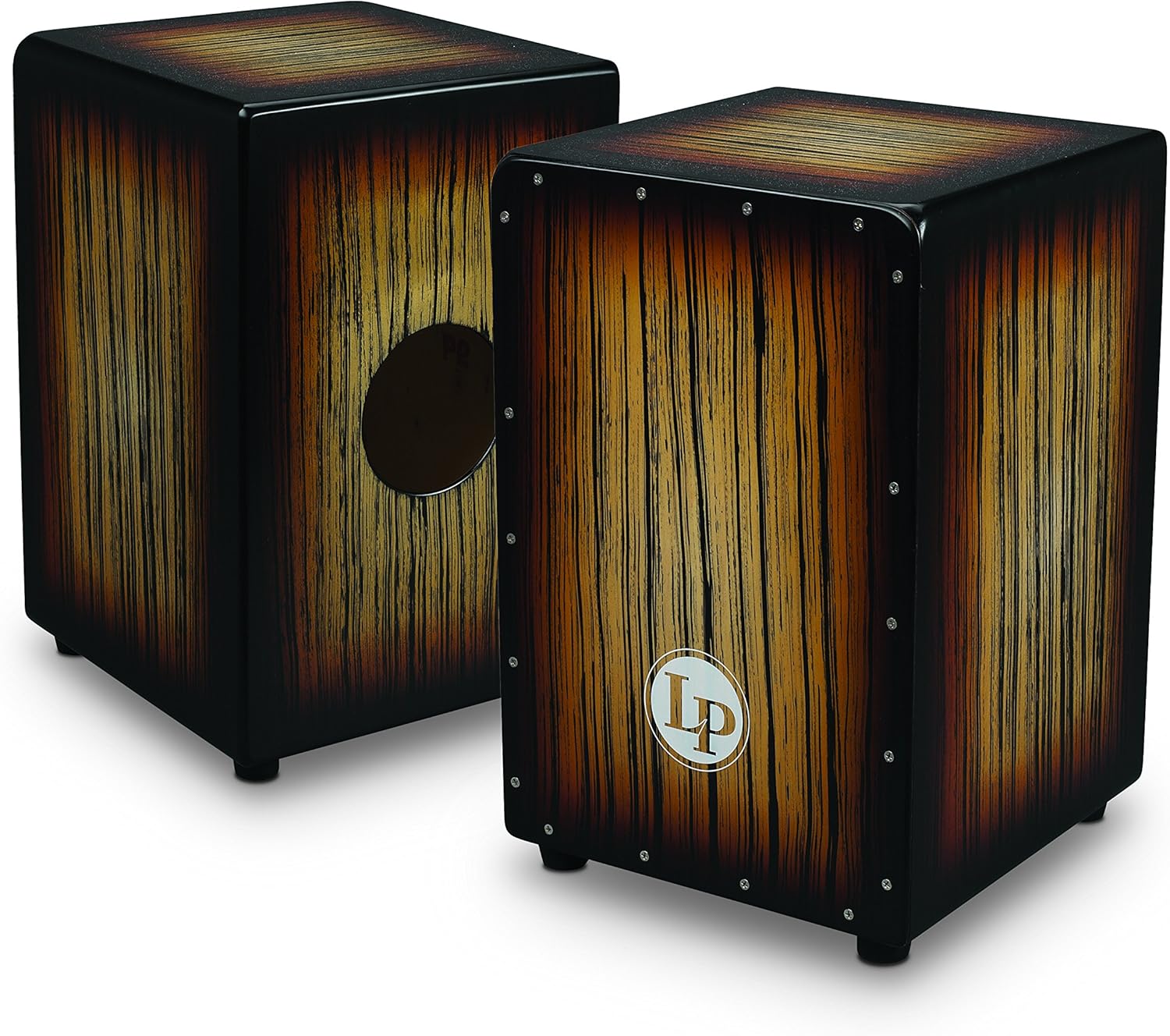 Conjunto de dois cajons Latin Percussion LPA1332-SBS com acabamento Sunburst Streak, vista frontal e traseira.