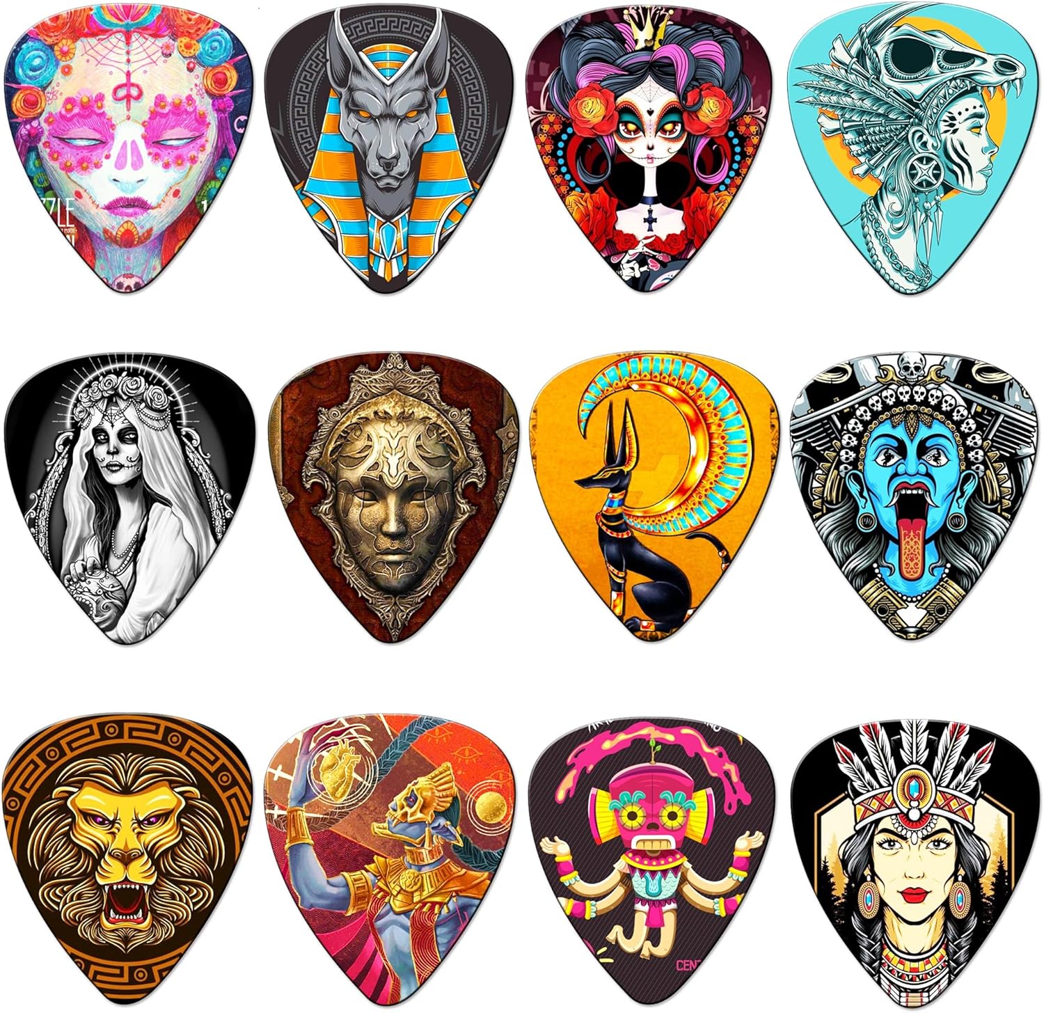 Doze palhetas triangulares coloridas para guitarra com desenhos variados sobre fundo branco.