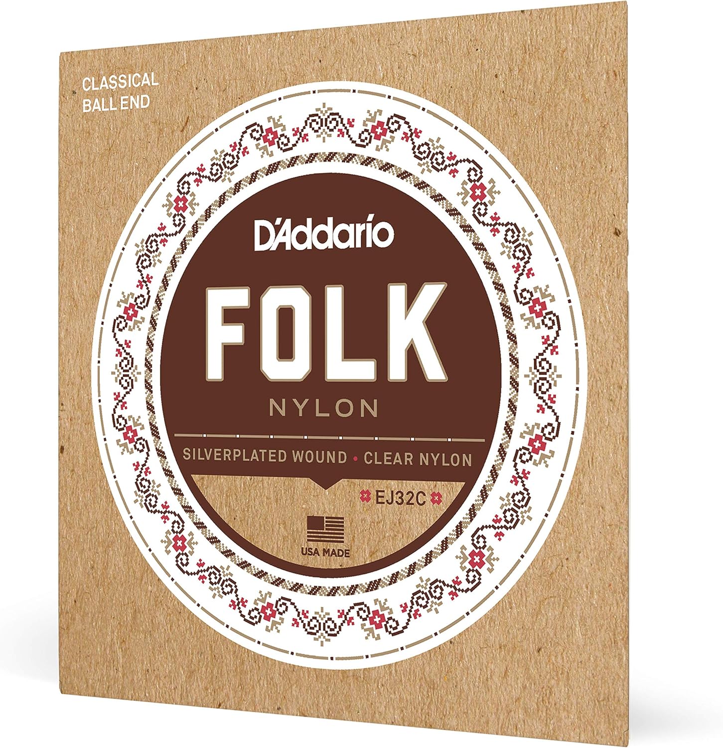 Embalagem das cordas D'Addario EJ32C para violão folk nylon transparente com revestimento prateado, embalagem reciclável e feita nos EUA