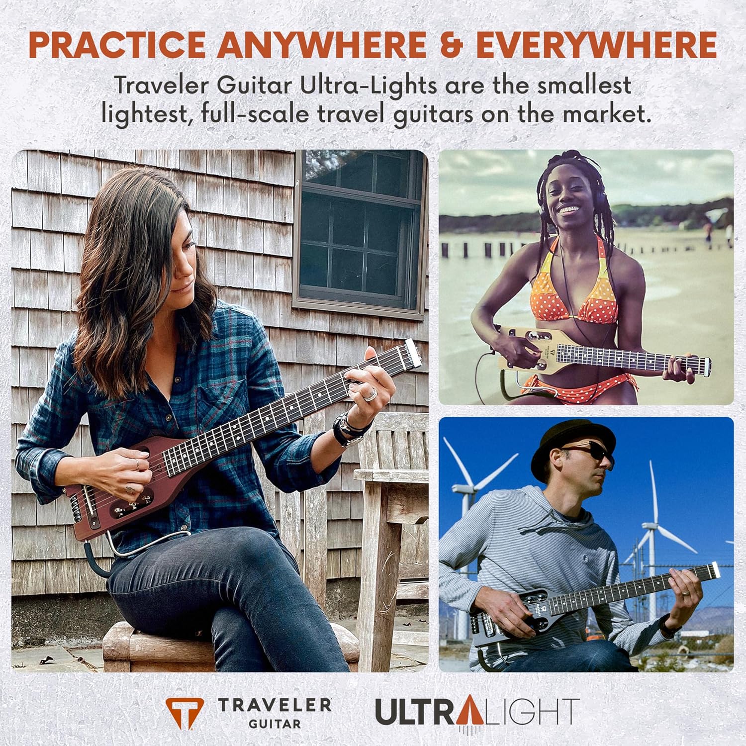 Pessoas tocando guitarra ultraleve Traveler Guitar em diferentes locais com texto sobre praticidade e tamanho.