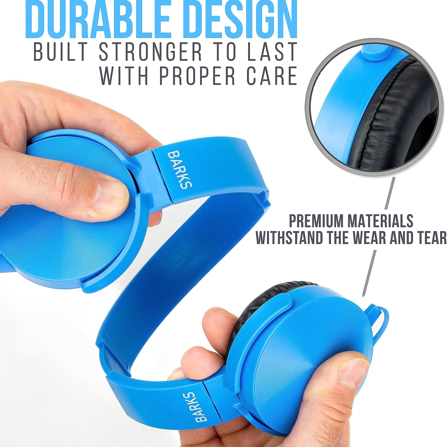 Fones de ouvido Barks azul com design durável e materiais premium resistentes ao desgaste, ideal para estudantes.