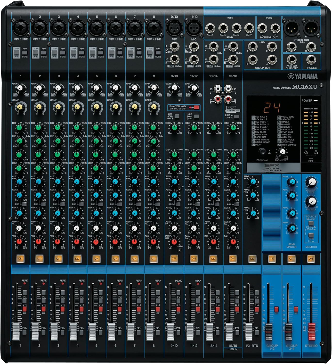 Mesa de som Yamaha MG16XU analógica 16 canais com USB vista superior