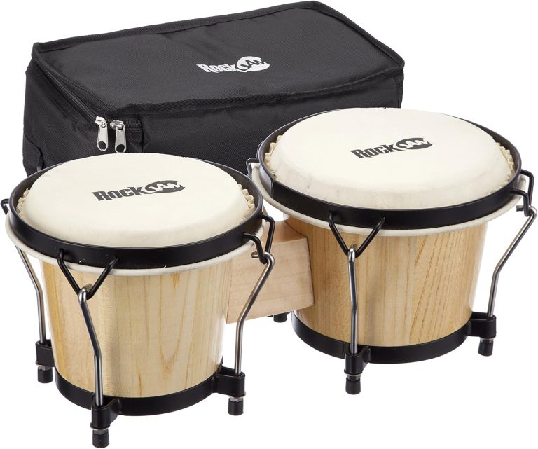 Conjunto RockJam de bongôs gêmeos de madeira natural com bolsa acolchoada preta para transporte.