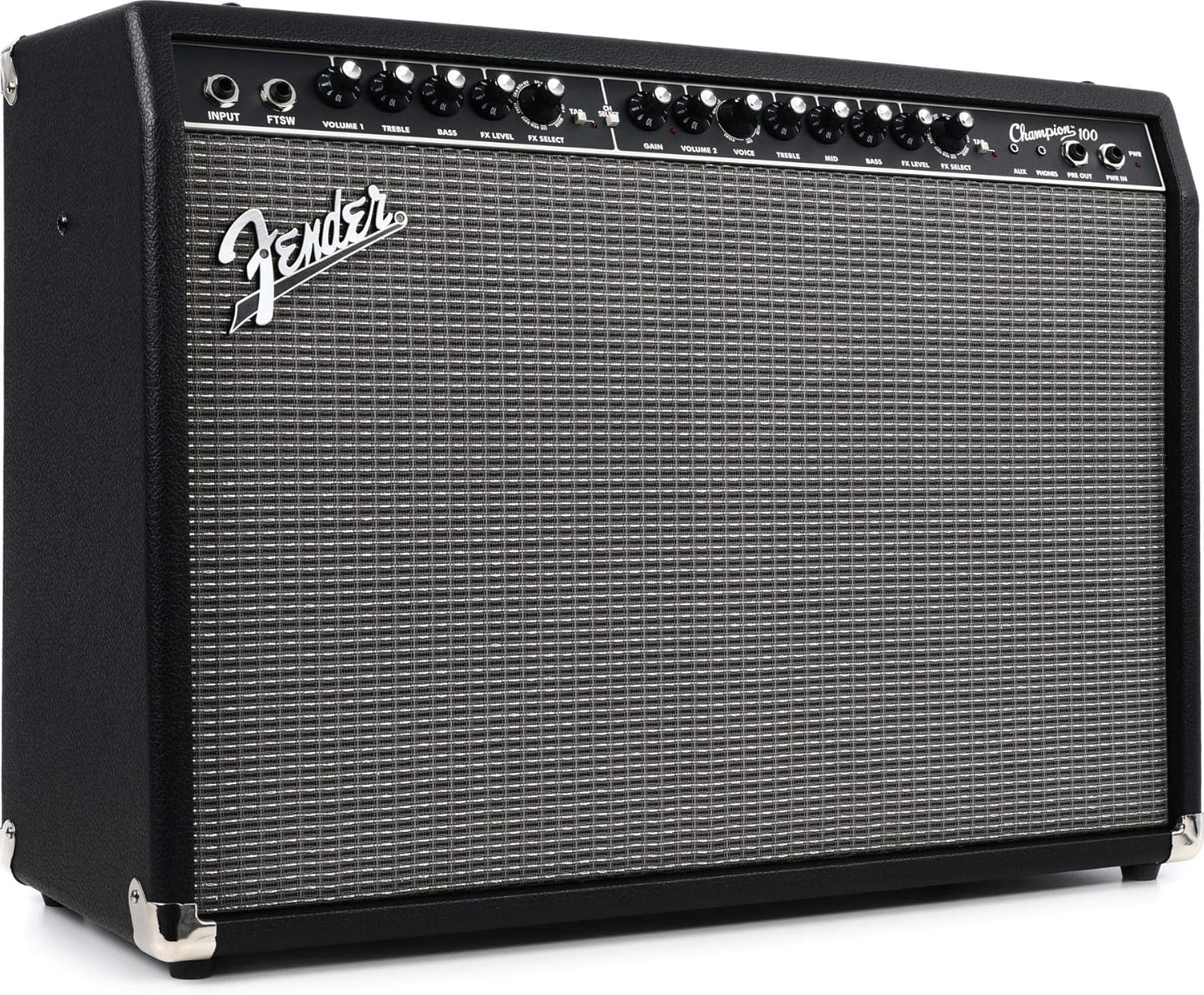 Amplificador Fender Champion 100 preto com controles variados e logo Fender branco, amplificador combo versátil para guitarra.