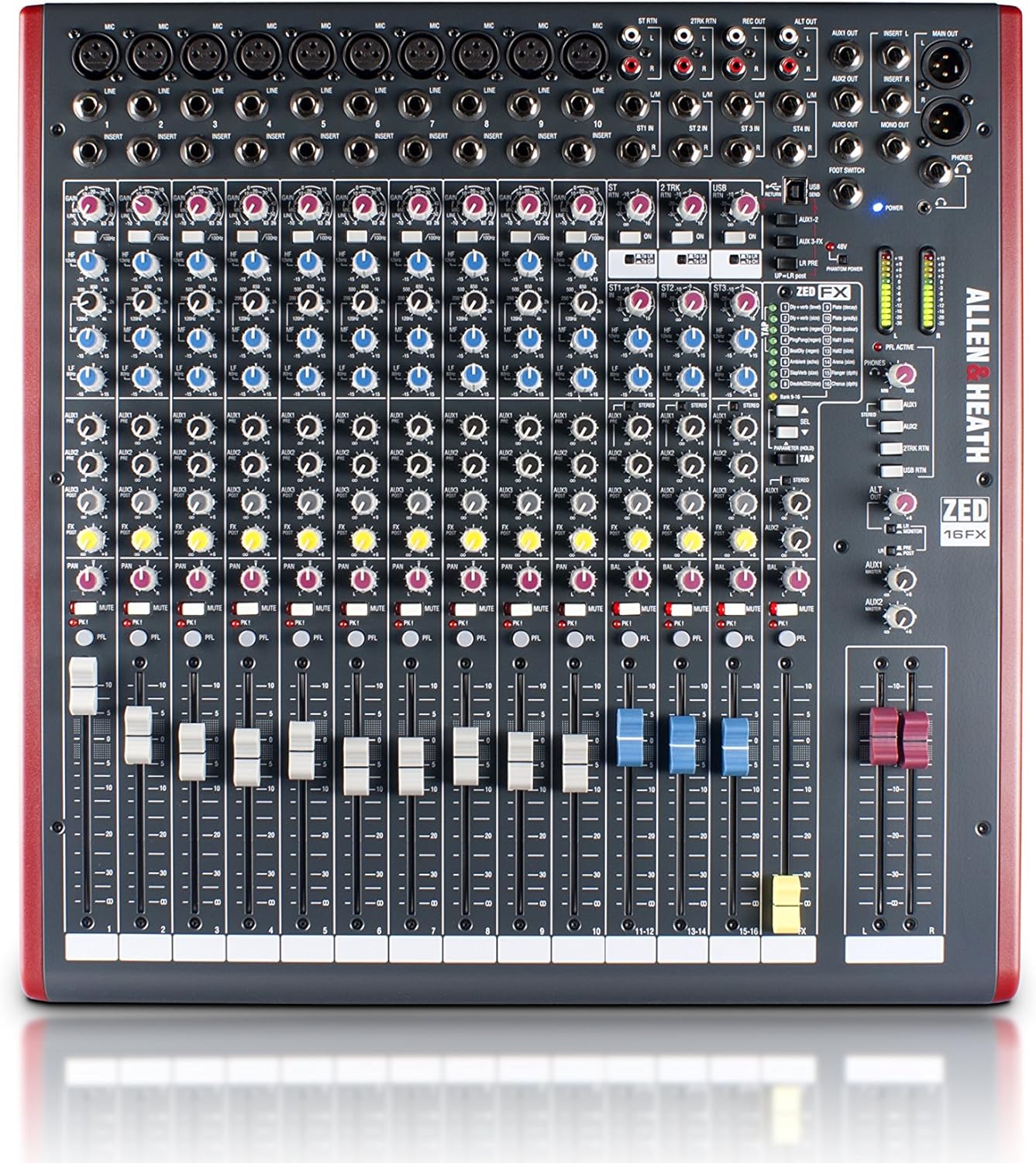 Mesa de som Allen & Heath Zed-16Fx vista de cima, mostrando controle completo dos 16 canais e conexões USB.