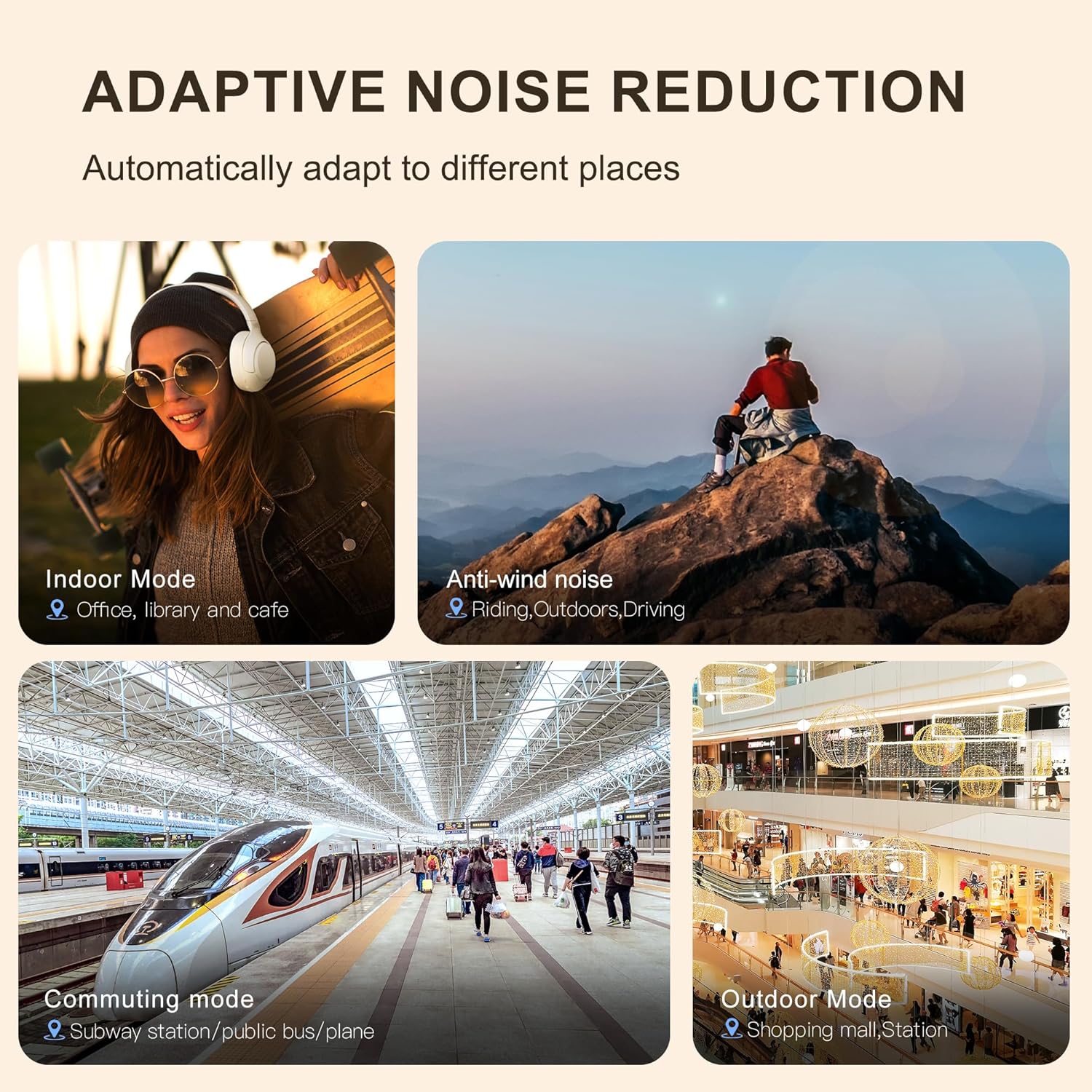 Modos de redução adaptativa de ruído do fone QCY H3 ANC para diferentes ambientes internos e externos