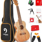 Ukulele Vangoa concert de mogno com acessórios como capa, afinador, capotraste, palhetas, lenço, manual e alça.