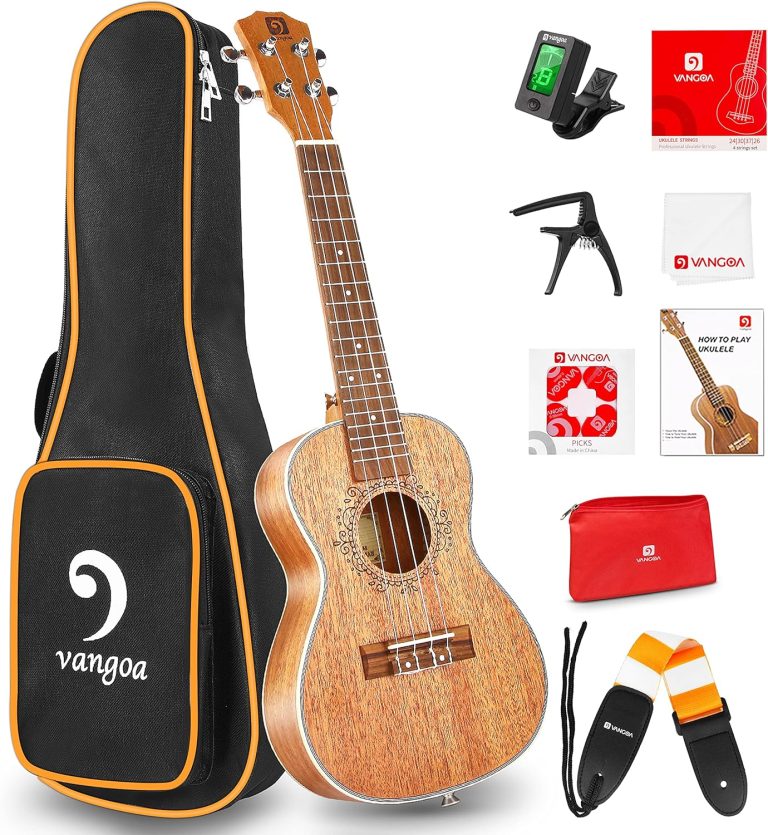 Ukulele Vangoa concert de mogno com acessórios como capa, afinador, capotraste, palhetas, lenço, manual e alça.