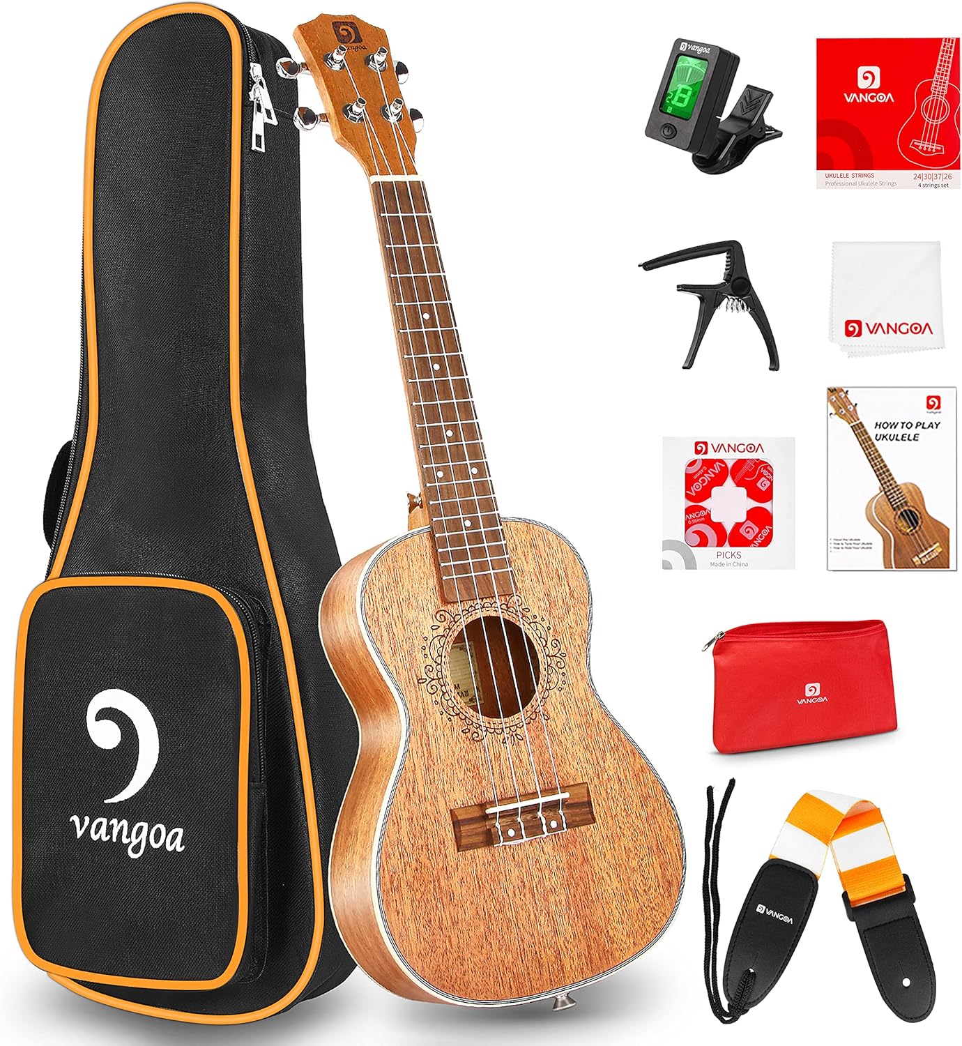 Ukulele Vangoa concert de mogno com acessórios como capa, afinador, capotraste, palhetas, lenço, manual e alça.