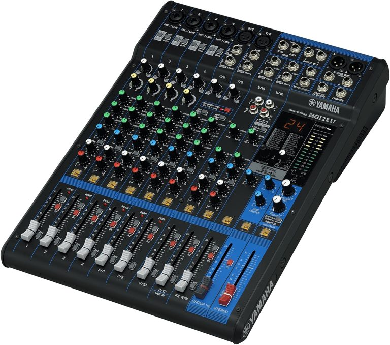 Mesa de som Yamaha MG12XU analógica com 12 canais e efeitos SPX, knobs coloridos e entradas XLR e P10