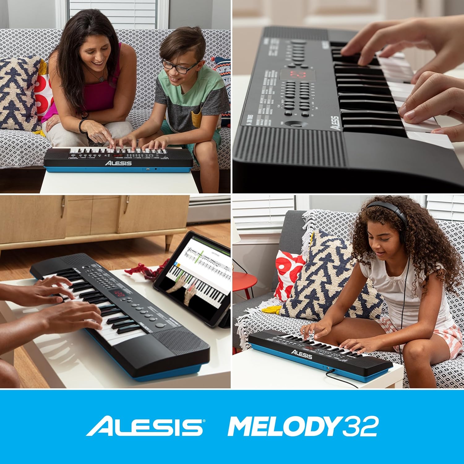 Pessoas de várias idades tocando teclado digital portátil Alesis Melody 32 em ambientes domésticos