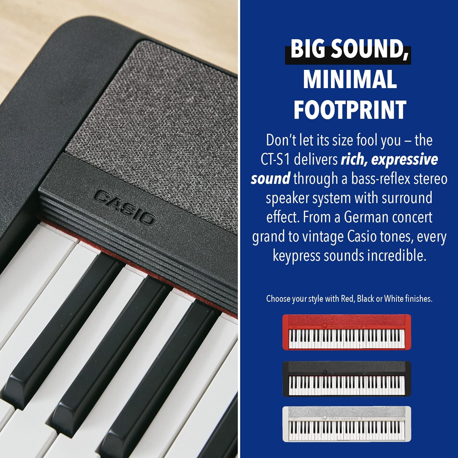 Alto-falante e teclas do teclado Casio Casiotone CT-S1 preto com som bass-reflex estéreo