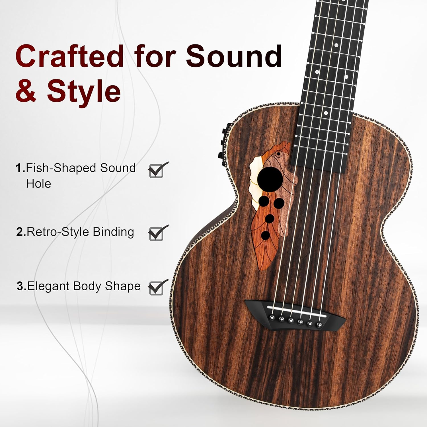 Detalhe do corpo do Guitarlele Caramel CB904G com buraco em formato de peixe e bordas com acabamento retrô