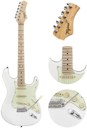 Guitarra elétrica Classic Tagima Strato T-635 branca com escala clara com detalhes do headstock e controles