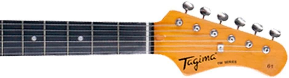 Headstock amadeirado claro da guitarra Tagima Woodstock TW61 BK com logo Tagima e tarraxas cromadas