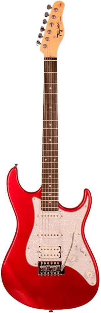 Guitarra Tagima TG520 Candy Apple vista frontal corpo vermelho, braço de madeira clara e escudo branco perolado