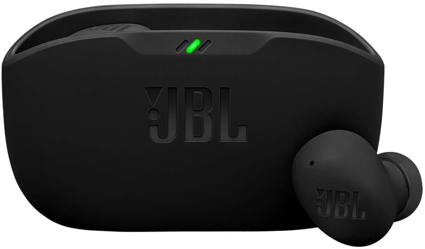 Fone de ouvido sem fio JBL Wave Buds 2 preto com estojo carregador.