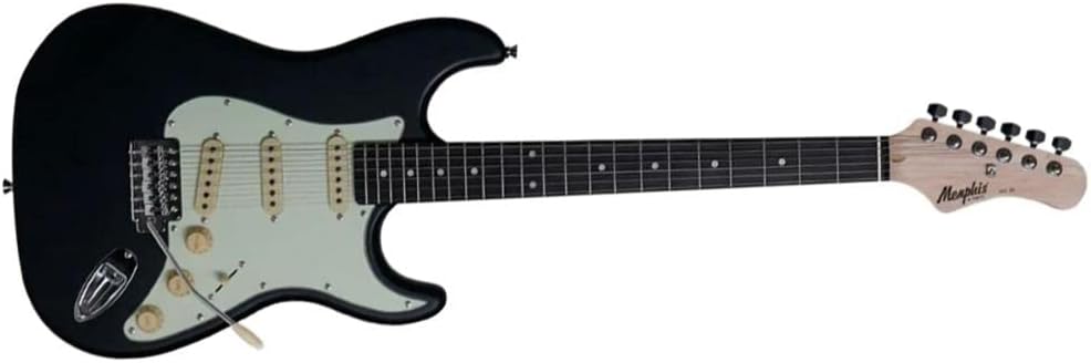 Guitarra elétrica Memphis MG-30 preta vista lateral completa, sobre fundo branco.