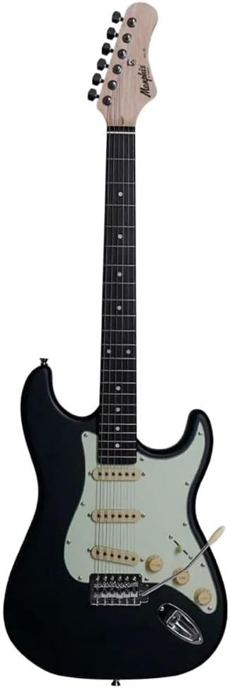 Guitarra elétrica Memphis MG-30 preta vista frontal vertical, corpo preto com headstock claro e controles visíveis.