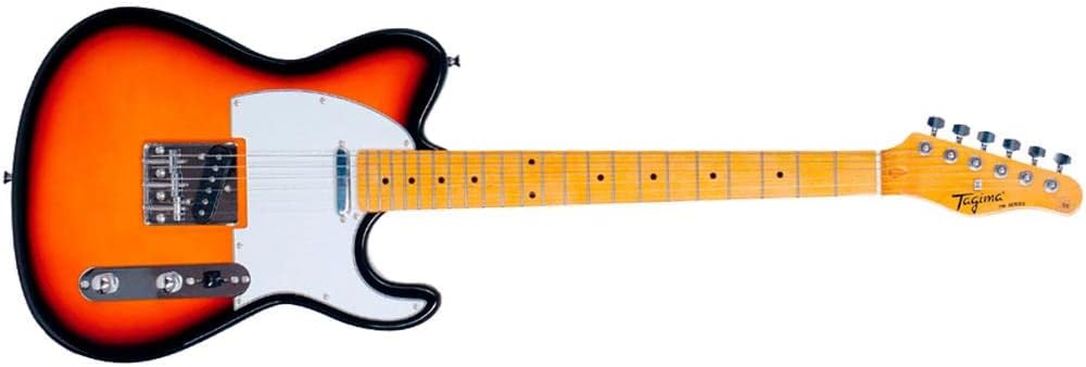 Guitarra elétrica Tagima TW-55 Sunburst vista de cima com acabamento sunburst e escala em madeira clara.