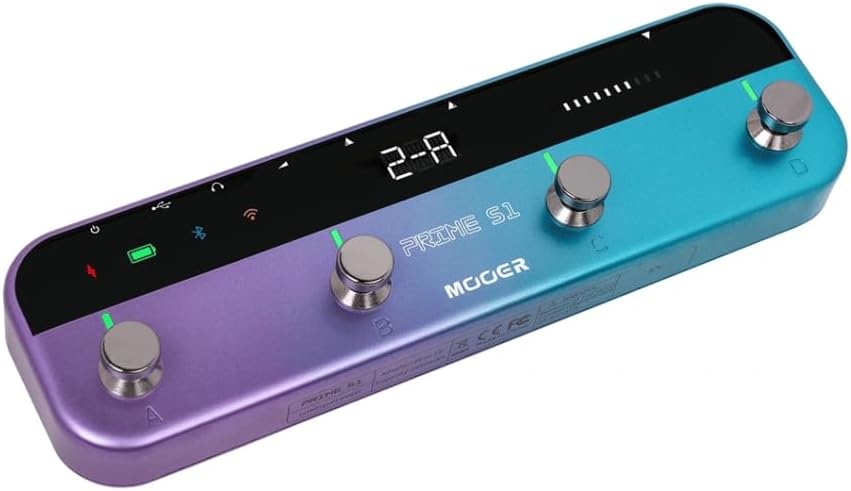 Pedaleira multiefeitos Mooer Prime S1 azul e roxa com Bluetooth e Looper, quatro botões rotativos e tela digital.