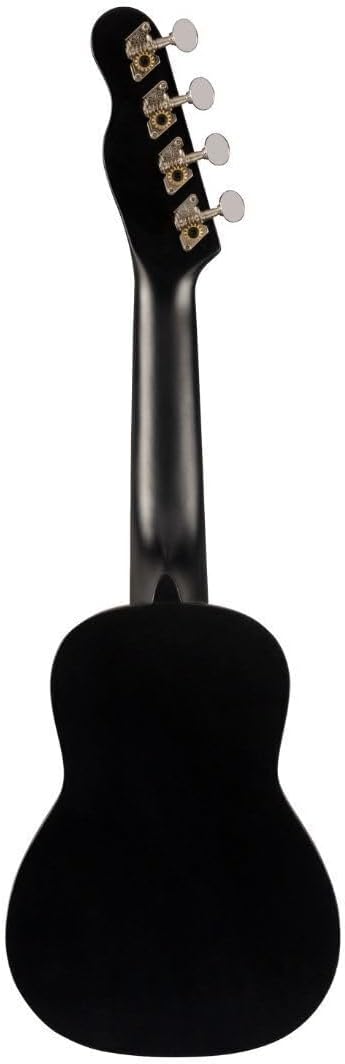Parte traseira do ukulele soprano Venice preto com tarraxas prateadas.