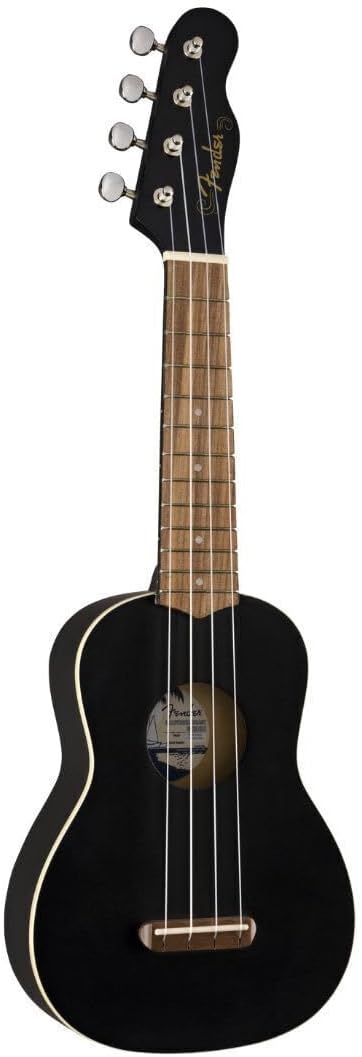 Ukulele soprano Venice preto com laterais claras e logo Fender.