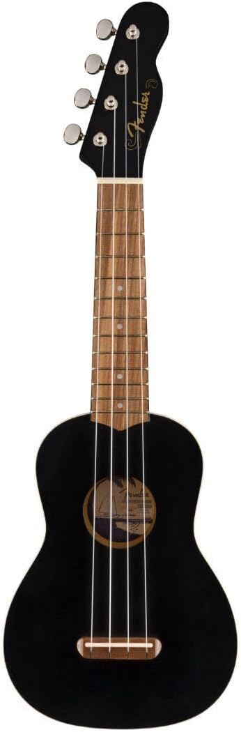 Ukulele soprano Venice preto da Fender com braço em madeira e cabeçote preto com logo dourado.