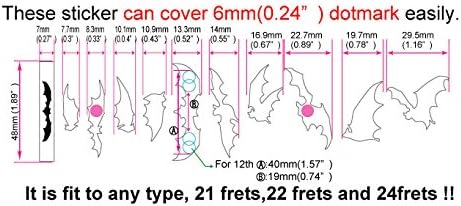 Dimensões dos adesivos de incrustação morcego em pérola branca para guitarras, compatíveis com 21, 22 e 24 trastes.