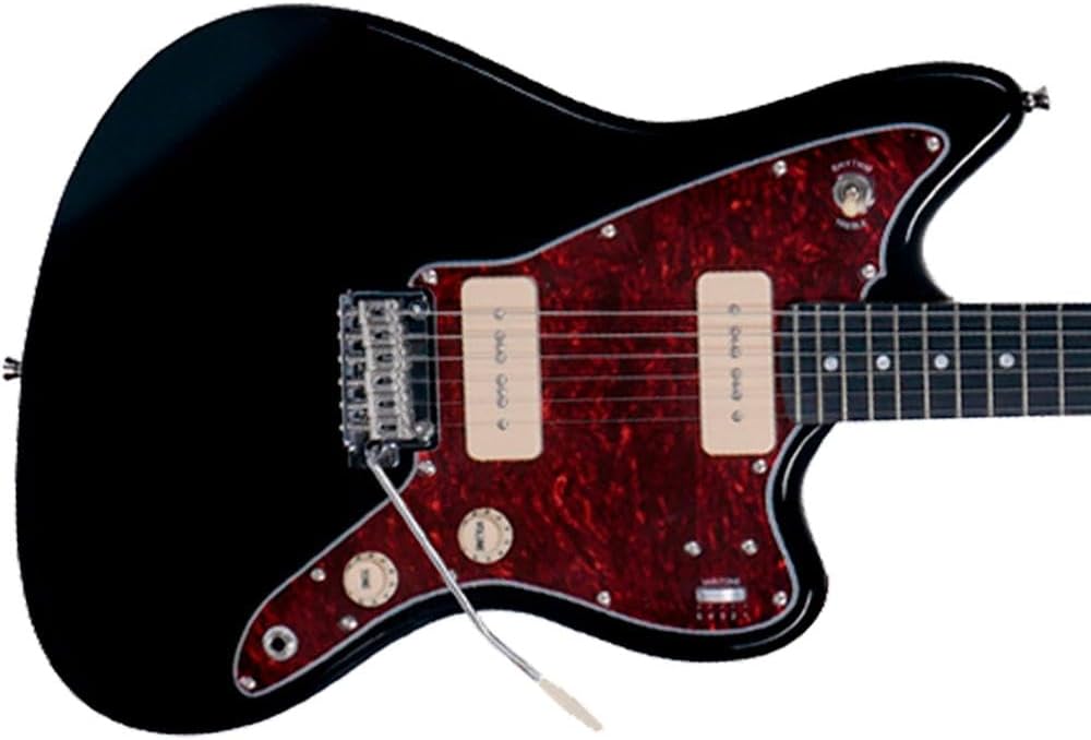 Close do corpo da guitarra Tagima Woodstock TW61 BK preta com captadores brancos e escudo vermelho