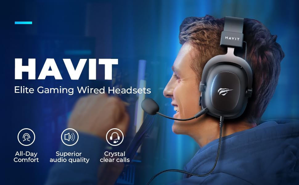 Headset gamer Havit H2002d em uso, destacando conforto, qualidade de áudio e clareza em chamadas.