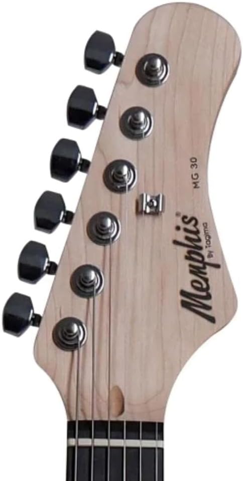 Headstock da guitarra Memphis MG-30 em madeira clara com logo e afinadores pretos.