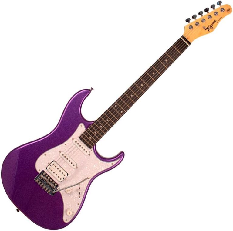 Guitarra elétrica Tagima TW Series TG-520 metálica púrpura com três captadores e braço de madeira clara.