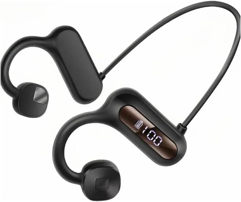 Fone de ouvido Bluetooth condução óssea preto com visor digital e design anatômico.