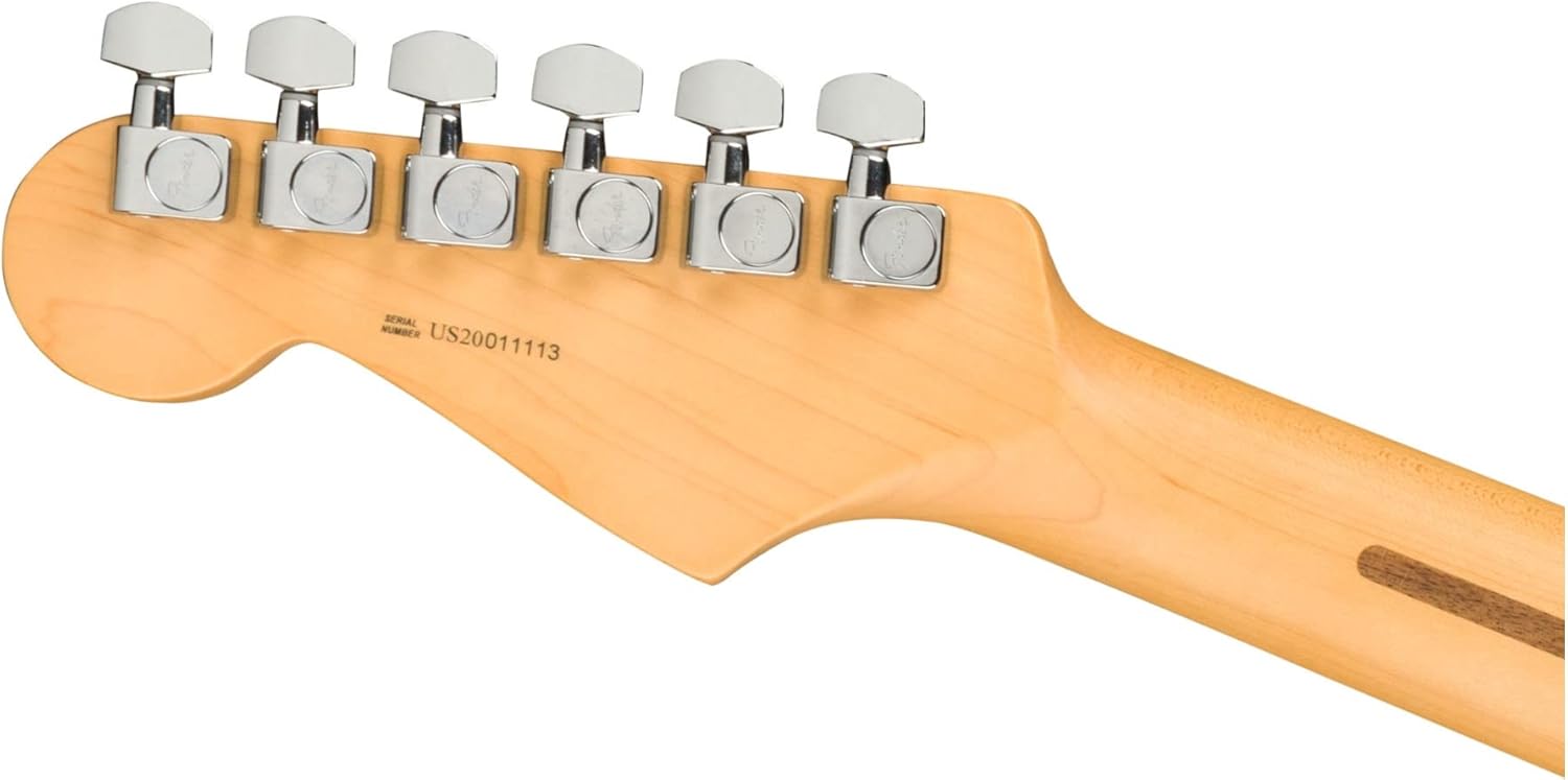 Verso do headstock da guitarra Fender American Professional II Stratocaster com tarraxas cromadas e número de série