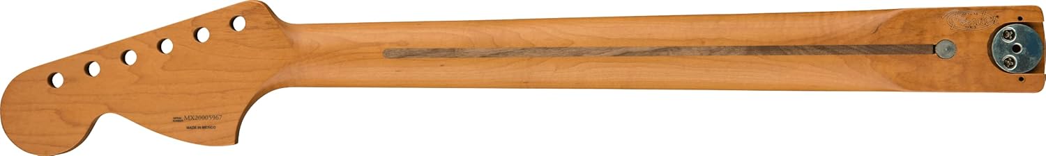 Traseira do braço da guitarra Fender Roasted Maple Vintera Mod '70 Stratocaster com detalhes do tensor e acabamento maple torrado