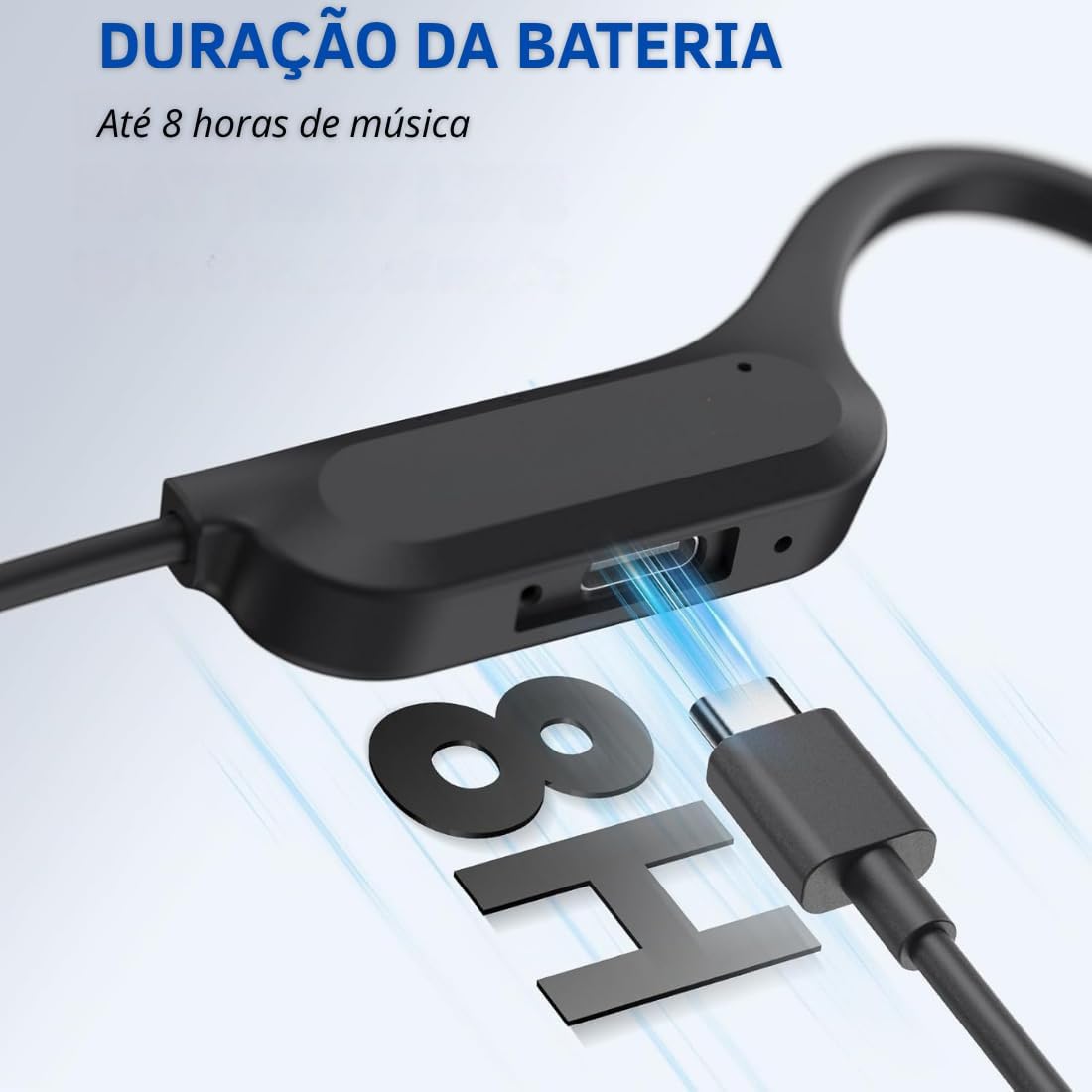 Conector USB Tipo-C do fone com destaque para 8 horas de duração de bateria.