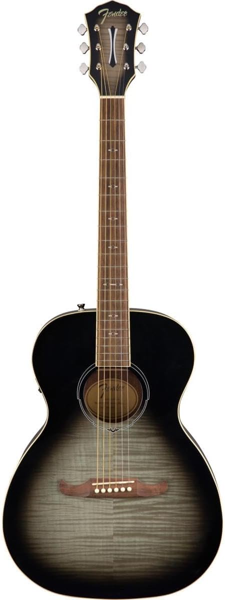 Cabeça da guitarra acústica Fender FA-235E Moonlight Burst com logo dourado e tarraxas cromadas.