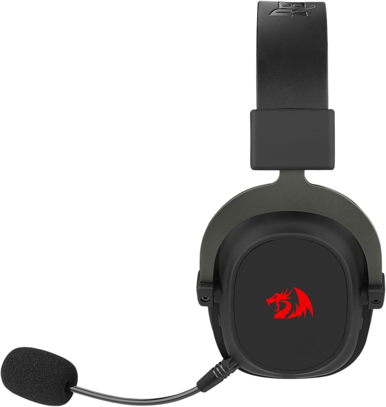 Side angle Redragon Zeus Pro wireless gaming headset left ear cup and microphone in black