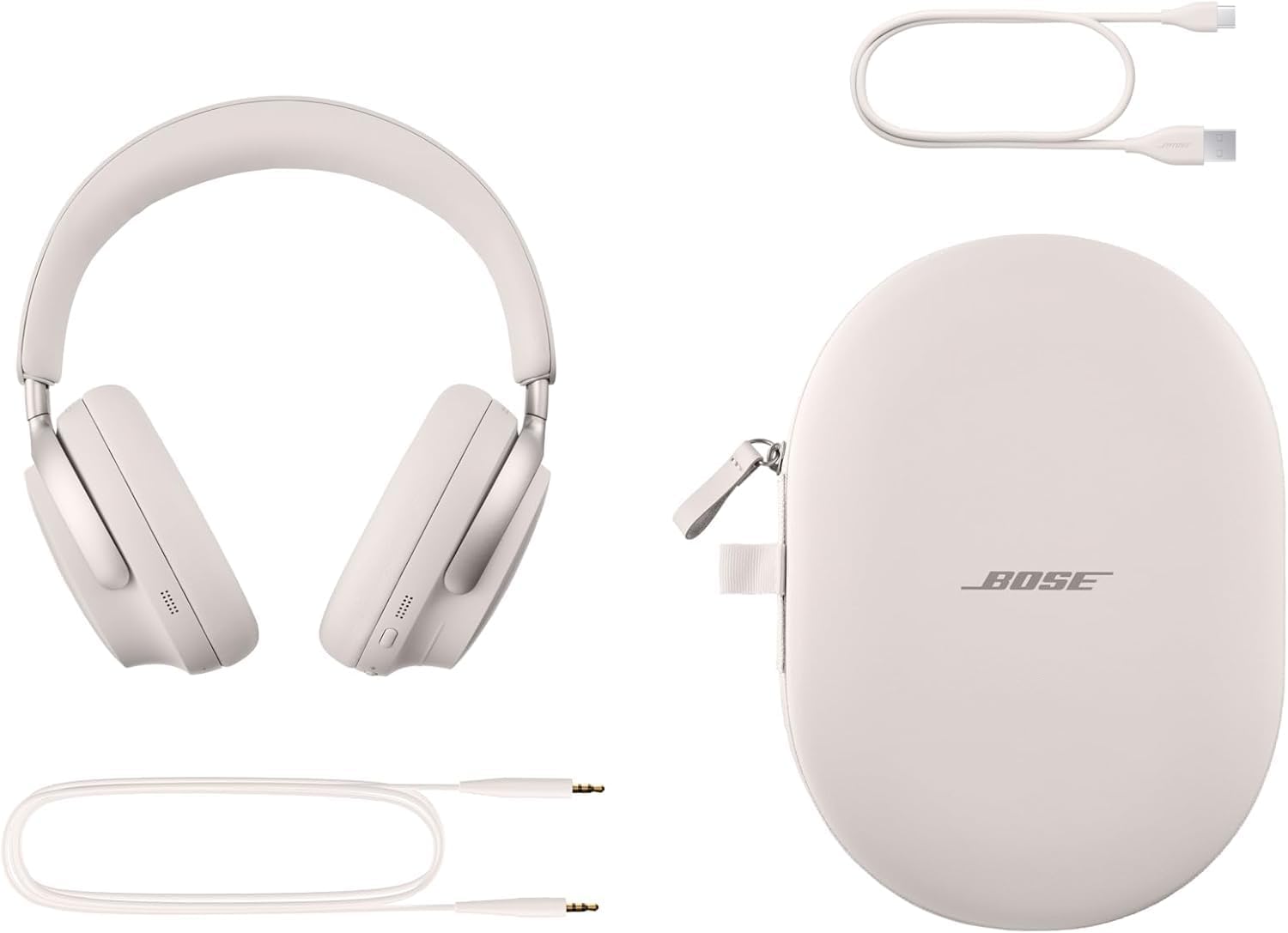 Fone de ouvido Bose QuietComfort Ultra Wireless branco over-ear com estojo rígido e cabos USB-C e P2