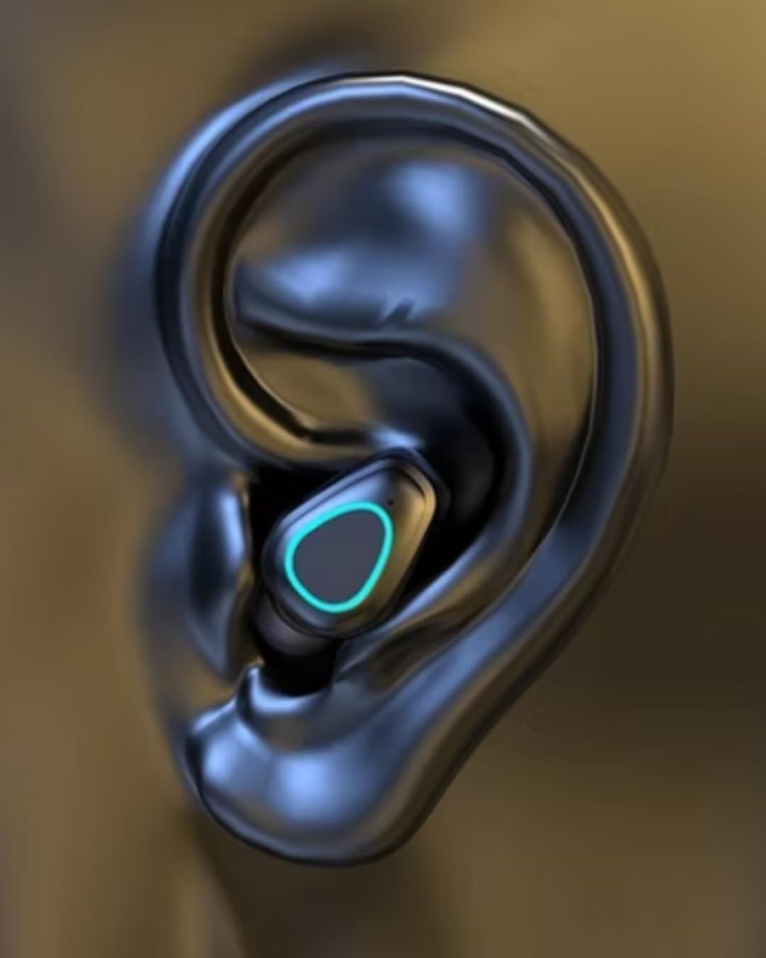 Fone de ouvido intra-auricular POTIPO M10-TWS mostrado dentro do ouvido humano em ilustração 3D.