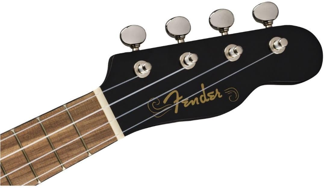 Cabeçote preto do ukulele Venice soprano com logo Fender e tarraxas prateadas.